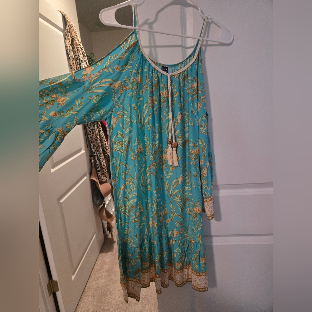 Shein Teal Floral Dress with Long Sleeves